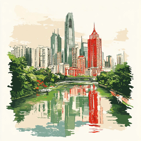 现代城市中河流两岸的高楼建筑景象