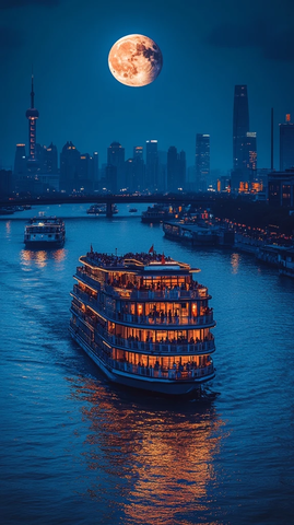 月光下灯火通明的城市河面游船夜景