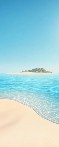 蓝天下金沙滩浅水小岛