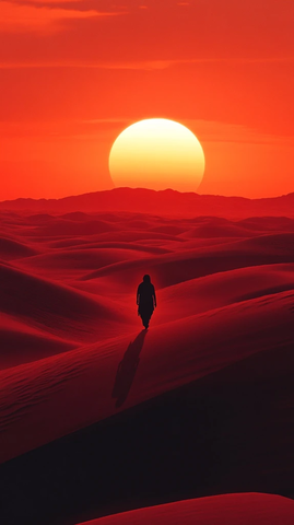 沙漠孤影与落日余晖