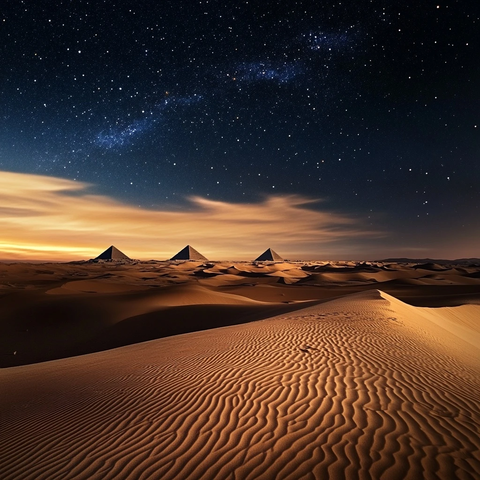 沙漠晨光中的沙丘与金字塔