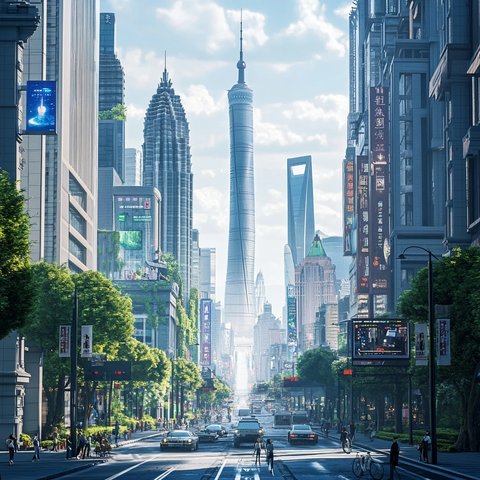 现代化都市繁华街道与摩天大楼景象