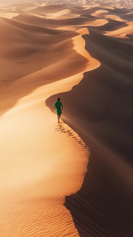 男子手持小物奔跑沙漠沙粒飞扬