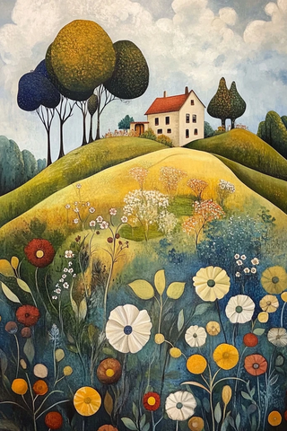 山坡树木乡村房屋风景