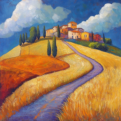 田间小路通向山丘村落