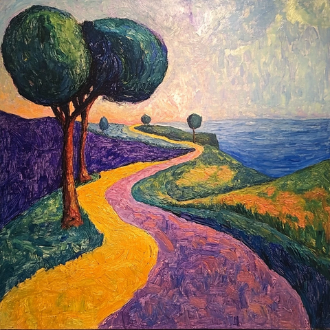 三条路径风景油画