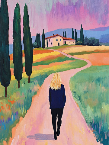 女人走在绿草地上的风景