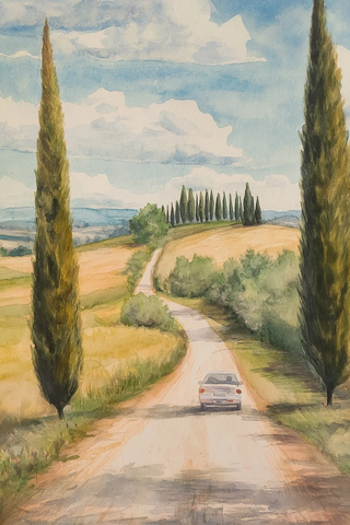 道路两侧柏树汽车行驶