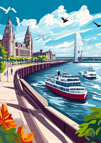 河边码头建筑与游船的城市风景