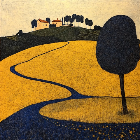 蓝黄蜡笔雕刻风景画