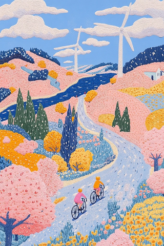 粉色兔子骑行路旁花树河景