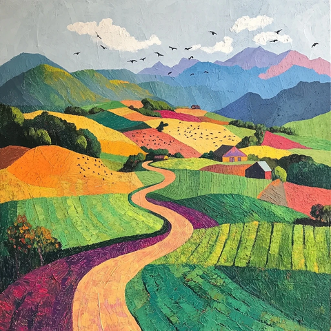 农场田野山路云朵飞鸟