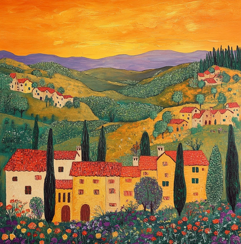 山坡村庄黄色房屋红屋顶