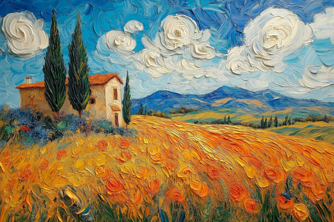 麦田与柏树的动态笔触