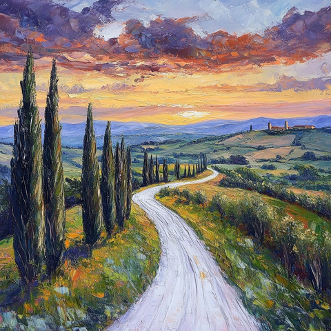 白路旁柏树日落风景