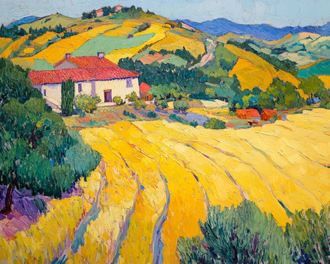 农场耕作红屋顶黄绿山景