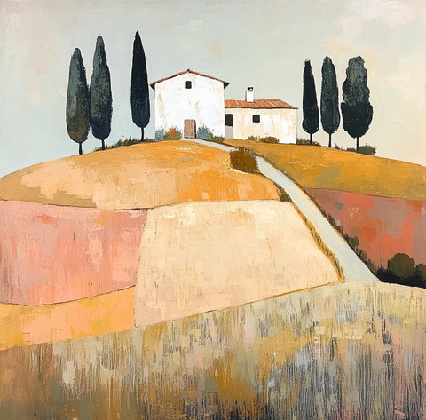 两座小屋与树木田野