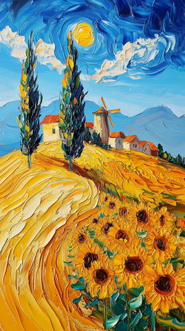 麦田阳光与柏树风车