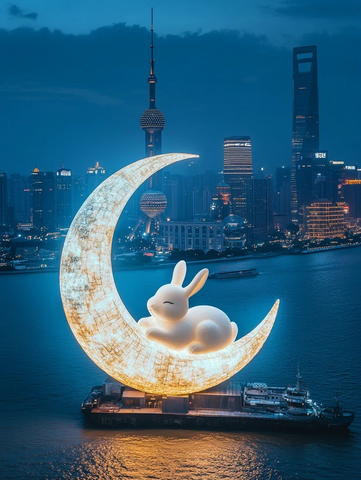 城市夜景中的兔子卧月造型雕塑
