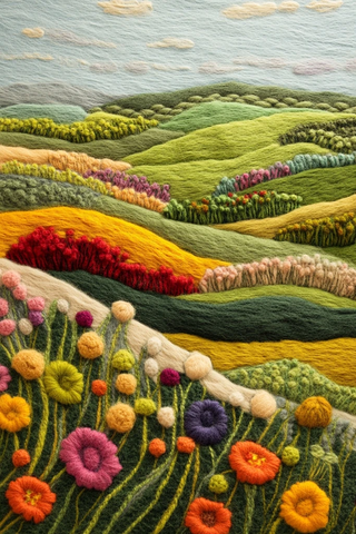 羊毛毡山丘花朵景观