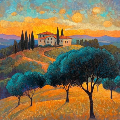 夕阳树影远山房屋