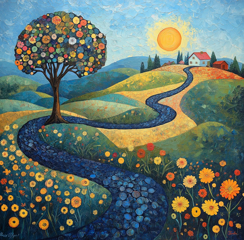 曲折小径通向远山蓝天