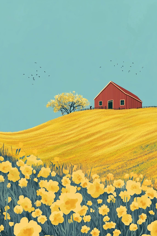 油菜花田农舍图案