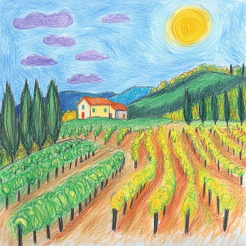 孩童绘制葡萄园与天空