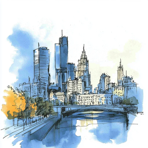 城市建筑风景与桥梁的水彩画