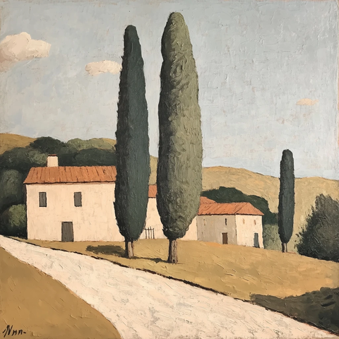 房屋树木的静物画