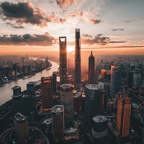 夕阳下的现代化都市高楼鸟瞰全景