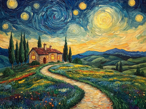星夜田野小径农舍