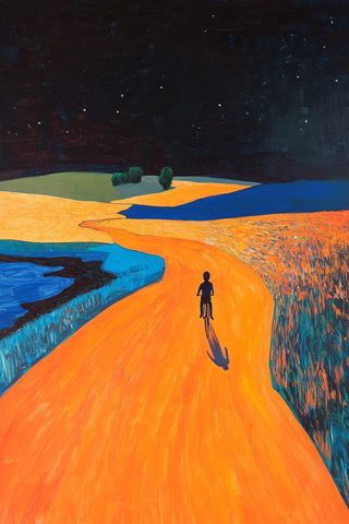 夜晚骑行者与橙色道路