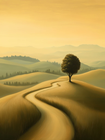 日出小径孤树金色天空