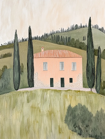 乡村别墅草地柏树油画