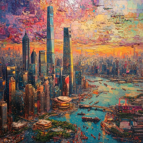 色彩斑斓的城市建筑群鸟瞰全景