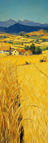 收割麦田与远山秋景