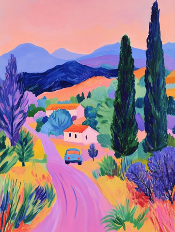 山景公路夕阳油彩画