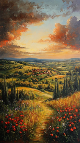 村庄森林河流风景画