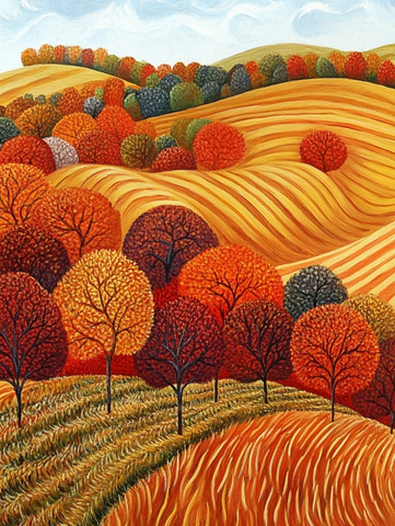 秋日山丘红橙树林