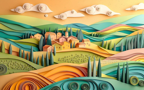 橄榄绿丘陵与石屋风景