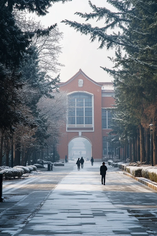 雪后校园建筑前的行人