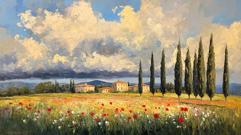 石屋前罂粟花与柏树林