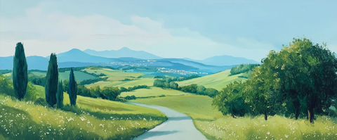 绿色乡村道路与柏树山景