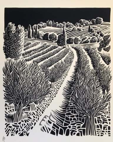 橄榄林与农田木版画
