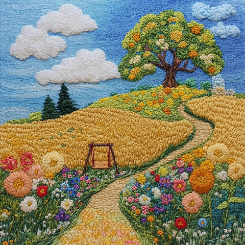 小麦田野花卉老树绣线