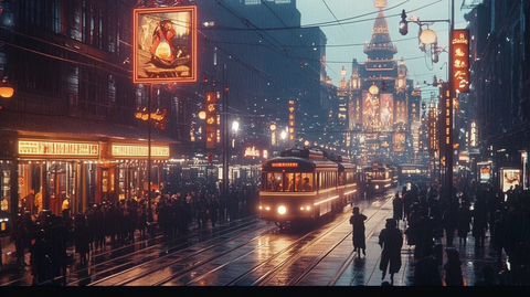 繁华都市街道夜景中的有轨电车