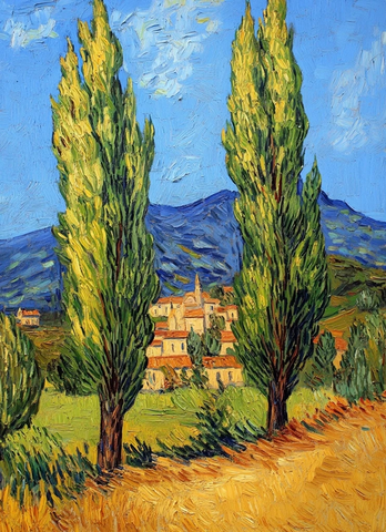 杨树村庄山丘油画