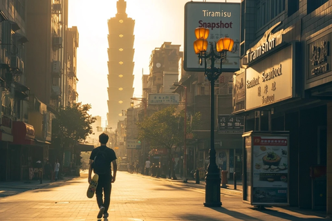 街道上行人行走背景为高塔的城市景象