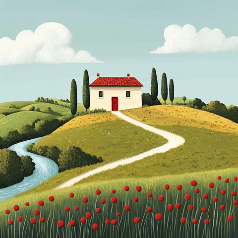 红屋顶小屋河边草地小花